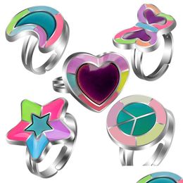 Anneaux de bande Bague Bague Glow In The Dark Lumineux Coeur Amour Papillon Lune Pentagramme Paix Charme Température Réglable Humeur Dhgarden Dh3Wa