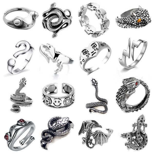 Bagues de bande Bague pour femmes filles serpent sourire mode hommes bijoux Vintage antique couleur argent Punk Hip Hop réglable Boho grenouille P230411