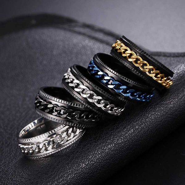 Anillos de banda Girar Ansiedad giratoria Fidget anillos Titanio Acero inoxidable Cadena Spinner Anillo de dedo para hombres Azul Oro Color Negro Punk Rock J230531