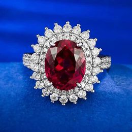 Bandringen S925 Silver Pigeon Blood Red Simulation 8x10mm trouwring Cluster Elegant Gorgeous Birthdous Giftl240105
