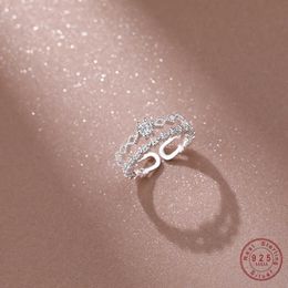 Кольца из стерлингового серебра S925 с двойной короной и цирконием для женщин, корейское простое маленькое свежее открытое кольцо, ювелирные изделия Z0327