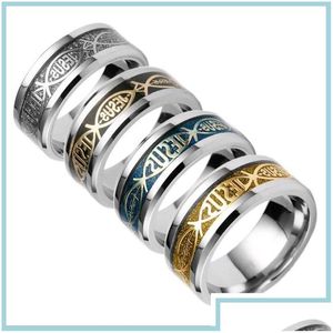 Anillos de banda Venta de acero inoxidable Relin Carta de oración cristiana Jesús Biblia Oro Sier Anillo de dedo para hombres Mujeres Fábrica Entrega de gota J Dhyxl