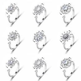 Anneaux De Bande Brillant Zircon Rotatif Fleur Anneaux Pour Femmes Strass Flocon De Neige Soulagement De L'anxiété Anneau Filles Fête Anti Stress Bijoux Cadeaux AA230426