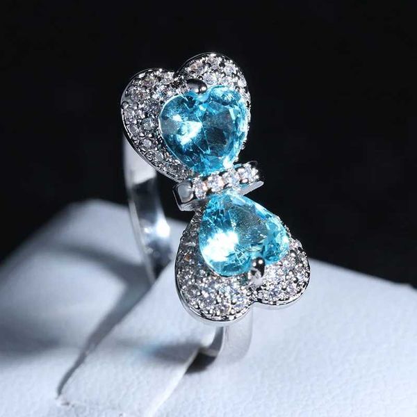 Anillos de banda Simple 925 Plata de Ley Azul Bowknot Mosaico Cubic Zirconia Anillos de boda para Mujer Joyería Novia Regalo Anillos Mujer 240125