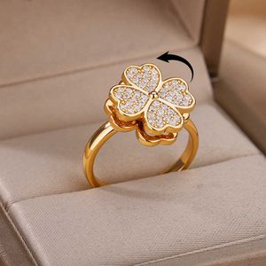 Anneaux de bande Spinner Zircon coeur trèfle à quatre feuilles anneaux pour femmes en acier inoxydable Anti-Stress anxiété Fidget anneau bijoux cadeau de noël AA230323