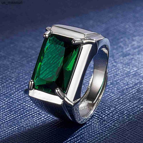 Anillos de banda Cuadrado Cristal verde Esmeralda Topacio Piedras preciosas Diamantes Bague Anillos para hombres Oro blanco Color plata Bandas de joyería Accesorio de moda J230522