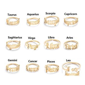 Anneaux de bande En acier inoxydable 12 Constellation Zodiac Bague pour femmes Hommes Antique Style Design Lettre Lion Bélier Ouvert Bijoux Minimaliste Dhz0U