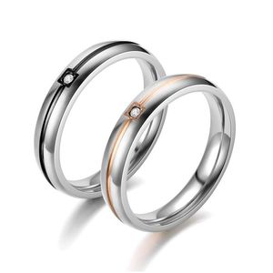 Anillos de banda Anillo de diamante de acero inoxidable Línea de oro rosa negro Pareja Compromiso Boda para mujeres Hombres Joyería de moda Will y Sandy Dh2Jz