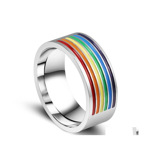 Anneaux de bande en acier inoxydable Gay arc-en-ciel couleur fierté homosexuelle bague en titane de haute qualité pour hommes femmes bijoux de mode en BK Drop Del Otzrz