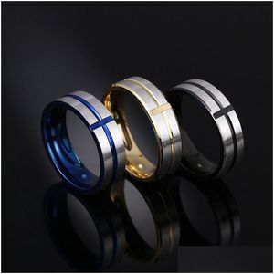 Band Ringen Rvs Groef Kruis Blauw Zwart Goud Vinger Ring Vrouwen Mannen Mode-sieraden Zal En Sandy Drop levering Dhtdv