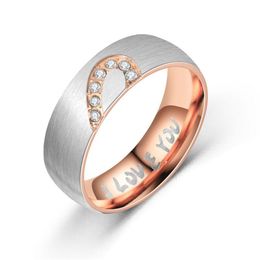 Bagues de bande en acier inoxydable je t'aime bague diamant demi-cœur couple fiançailles mariage femmes hommes bijoux de mode Will et Sandy Dr Dhnxe