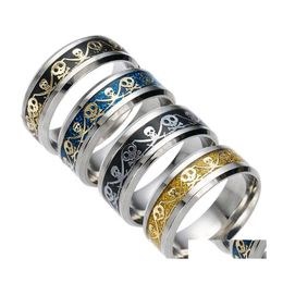 Bandringen roestvrijstalen piratenstijl heren punk skl skelet mes patroon titanium ring voor vrouwen mode sieraden drop levering otbey