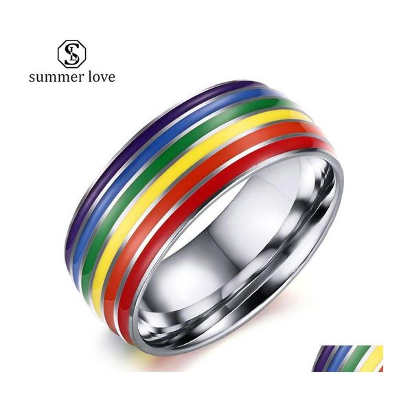 Anillos de banda Anillo de arco iris de acero inoxidable para hombres y mujeres Colorf Cross Stripe Gay como el día de San Valentín Joyería de moda Giftz Drop Delivery Dhfr4