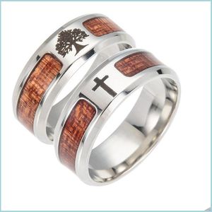 Bandringen roestvrijstalen stalen boom van het leven Band Ring Wood Jesus Cross Rings For Women Men Men Mode Jewelry 080258 Drop Delivery DHT1V