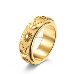 Anillos de banda Estrellas Luna Sol Giratorio Anillo de acero inoxidable Dedo Alivio Presión Spinner Descompresión para hombres Mujeres Joyería de moda DH3SH