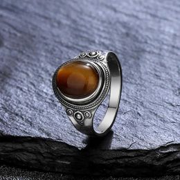 Bandringen Sterling Silver 925 Ring Natural 8 * 10mm Tiger Eye Stone Ruby Ring Heren Party Gift Exquisite Sieraden Q240427