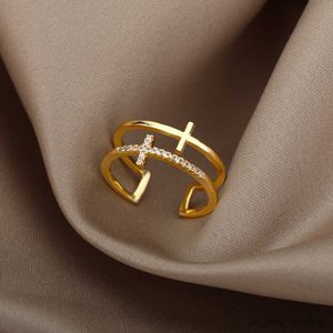 Band Ringen Stijl Double Cross Ringen Voor Vrouwen Rvs Zirconia Vinger Goud Kleur Ring Vintage Jesus Engagement Sieraden R230719