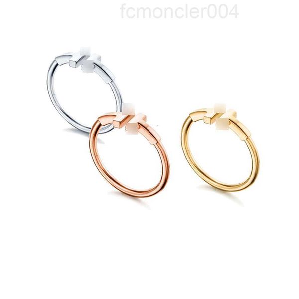 Anillos de banda t joyería para el hogar 925 plata v material de oro simple moda viajero esmalte doble en forma de T anillo abierto Z0RR E5BH