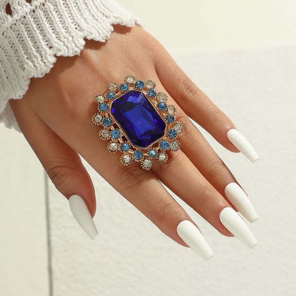 Anéis de banda temperamento grande azul cristal preto para mulheres boho ajustável elegante anel geométrico anillo simples festa jóias presente 230504