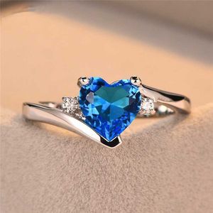 Anneaux de bande tempérament bijoux pour femmes bleu saphir coeur anneaux pour femmes mariage fiançailles bagues en argent fête anniversaire cadeau bijoux G230213