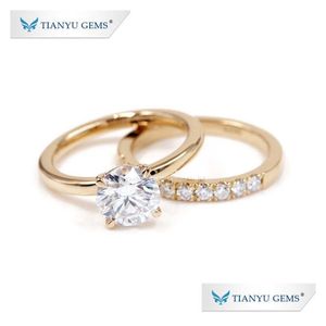 Bagues de bande Tianyu Fine Jewelry Custom 585 750 Real Solide Or Jaune Mossanite Mariage Solitaire Moissanite Bague de Fiançailles Ensemble Pour D Dhurn