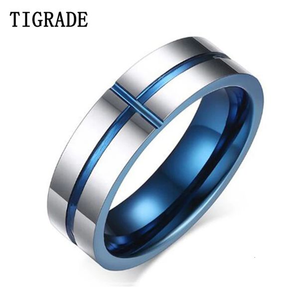 Anneaux de bande Tigrade à la mode 6mm bleu intérieur anneau hommes carbure de tungstène croix réservoir couleur argent poli anneaux de fête de mariage anel masculino 231124