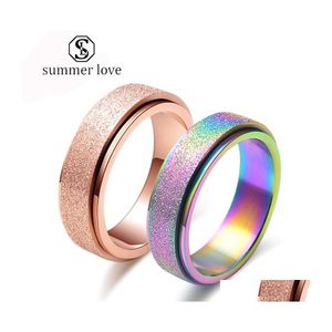 Bagues de bande en acier titane 6 mm tournant pour femmes hommes or rose arc-en-ciel surface givrée coureur chanceux fiançailles mariage bijoux cadeau Dhih8