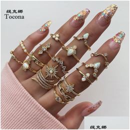 Anneaux de bande Tocona Boho 17 pièces ensembles de luxe clair cristal pierre bague de mariage pour femmes hommes goutte d'eau fleurs soleil géoemtrique bijoux Deli Dh1Kr