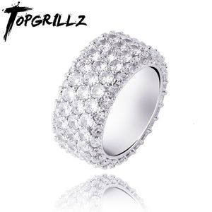 Anneaux de bande TOPGRILLZ 5 rangées glacées plein cubique Zircon Bling anneaux or argent couleur charme hommes Hip Hop bijoux pour cadeaux 230826
