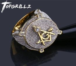 Bands Anneaux Topgrillz Hip Hop Gold Colonde plaquée en laiton glacé Micro Pave Cubic Zircon Masonic Ring Charm pour hommes Cadeaux avec 7 8 9 9059667