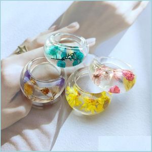 Anneaux de bande Transparent Acrylique Fleurs Séchées Résine Grand Anneau Pour Femmes Exagération Beautif Rose Fleur Plante Anneaux Bijoux Cadeau Drop Dhfuh