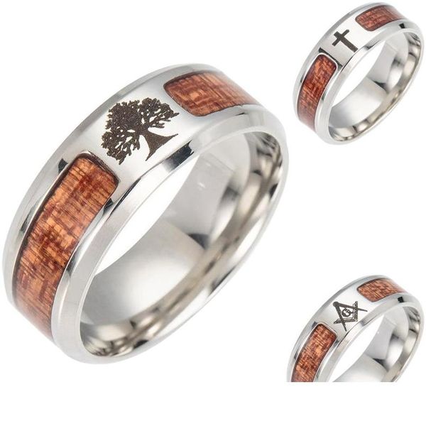 Anillos de banda Árbol de la vida Cruz masónica Madera para hombres Mujeres Acero inoxidable Nunca se desvanecen Anillo de dedo de madera Joyería de moda En Bk Drop Del Dhi5B