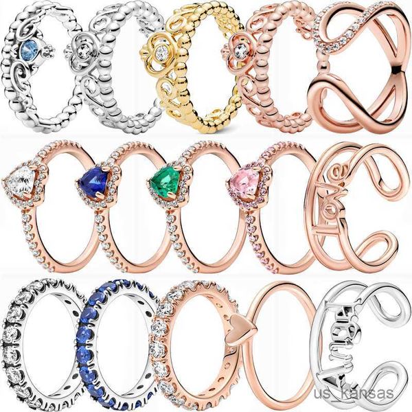 Anillos de banda de moda 925 plata esterlina Pantaro anillo corona a mano alzada corazón amor ángulo brillante claro circón anillos mujeres moda joyería DIY R230715