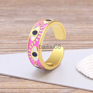 Band Ringen Trendy Handgemaakte Emaille Multi-Kleuren Stkable Band Ring Vrouwen Vergulde Druipende Olie 9 Kleuren Evil Eye Rainbow Ring Verstelbaar J230719