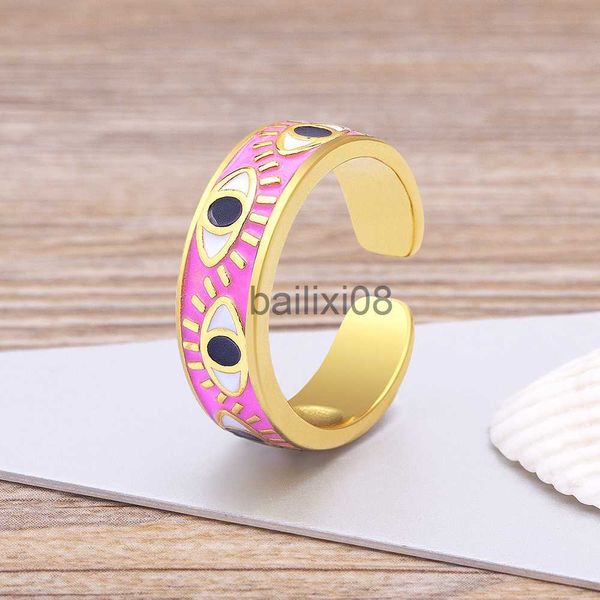 Anneaux De Bande À La Main À La Main Émail Multi-Couleurs Stkable Bague De Bande Femmes Plaqué Or Dripping Oil 9 Couleurs Evil Eye Rainbow Anneau Réglable J230719