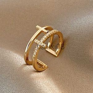 Bande Anneaux À La Mode Minimaliste Or Couleur Croix Anneaux Géométrique Double Couche Ouvert Réglable Bague Pour Les Femmes Fête De Mariage Bijoux Cadeau J230719