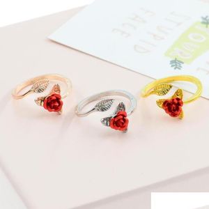 Bandringen trendy rode rozentuin bloemenbladeren open ring Verzoekbare vingerringen voor dames valentijnsdag cadeau sieraden drop levering dhubl