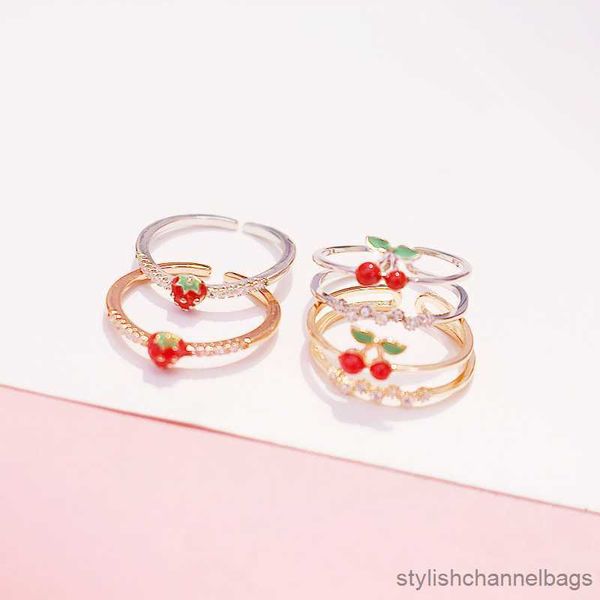 Bande Anneaux À La Mode Doux Cerise Fraise Cristal Métal Or Argent Couleur Couche Bague Réglable Pour Les Femmes Bijoux Fille Cadeaux