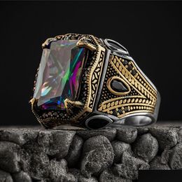 Anneaux de bande Chevalière turque pour hommes, couleur argent antique, bague d'aigle sculptée, incrustation de Zircon mystique, nouveau Punk, livraison directe, bijou Dhgarden Oteh4