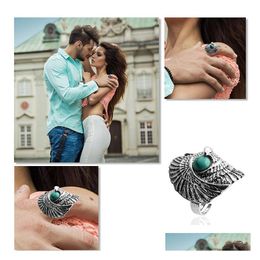 Bande Anneaux Bague Turquoise Vintage Tibétain Sier Indien Vent Pin Pierre Ailes Aigle Grand Oeil Vert Goutte Livraison Bijoux Dhxko