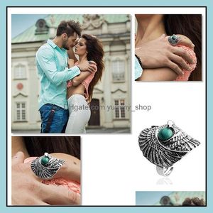 Bandringen Turquoise Ring Vintage Tibetan Sier Indian Wind Pine Stone Wings Eagle Big Eye Green Drop Delivery Sieraden Dh83F