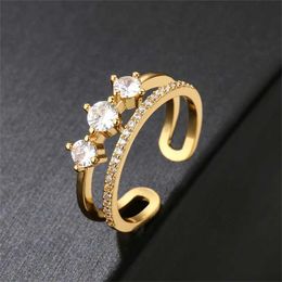 Anneaux de bande UILZ mode Simple Double couche anneau ouvert adapté aux femmes exquis étincelant rond Zircon anneau travail quotidien bijoux J240226