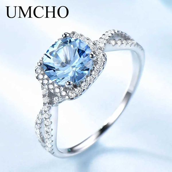 Anillos de banda UMCHO Romántico 925 Anillo de bodas de plata esterlina Anillo de bodas de aguamarina Compromiso para mujer Regalo del día de San Valentín Joyería exquisita J240326