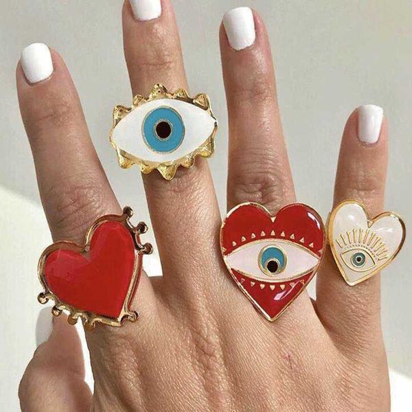 Anillos de banda Diseño único Heart Eye Open Rings for Women Golded Red Love Red Heart Blue Eyes Atentable Ayerto Anillo de moda Joyería P230411