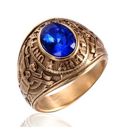 Bandringt US Army Ring Golden Verenigde Staten Amerikaanse roestvrijstalen metaal Militaire sieraden met blauwe zirkon Stone Punk Classic Style 231218