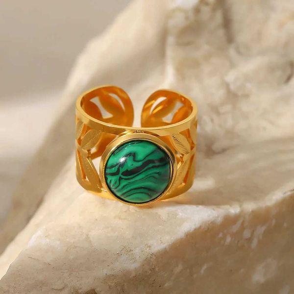 Anneaux de bande Uworld 18k plaqué or feuille creuse réglable rond vert Malachite en acier inoxydable anneau d'ouverture Anillos Mujer 240125