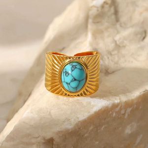 Anneaux de bande Uworld acier inoxydable vert naturel Turquoise anneau d'ouverture déclaration doré 18 K plaqué anneau bague acier inoxydable cadeau nouveau 240125