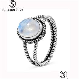 Bandringen Vintage Big Moonstone Ring Tibetaans Horse Oog antieke Sier Round Wedding Sieraden voor vrouwen Girl Ladies Gift Summer Love 2 DHXA6