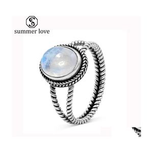 Bandringen Vintage Big Moonstone Ring Tibetaans Horse Oog antieke Sier Round Wedding Sieraden For Women Girl Ladies Gift Summer Love 2 Dhces