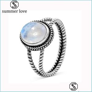 Bandringen Vintage Big Moonstone Ring Tibetaans Horse Oog antieke Sier Round Rings Wedding Sieraden voor vrouwen Girl Ladies Gi Carshop2006 DHWMF